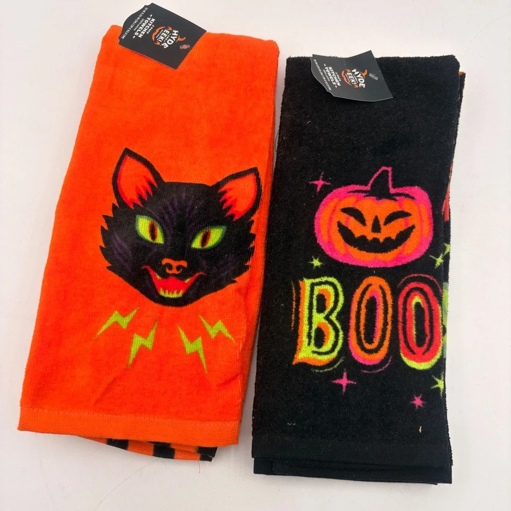 Hyde and Eek Halloween Kitchen‎ Towels Black Cat Jack-O-Lantern Orange Black